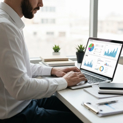 Person analyzing SEO data on a laptop with charts and graphs