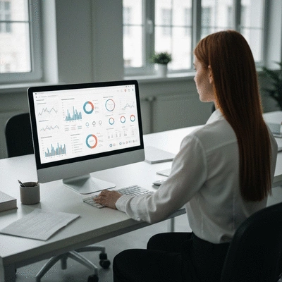 Person analyzing website data on a computer screen with charts and graphs