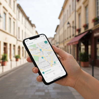 Personne utilisant une carte numérique sur un smartphone pour trouver un commerce local à Avignon