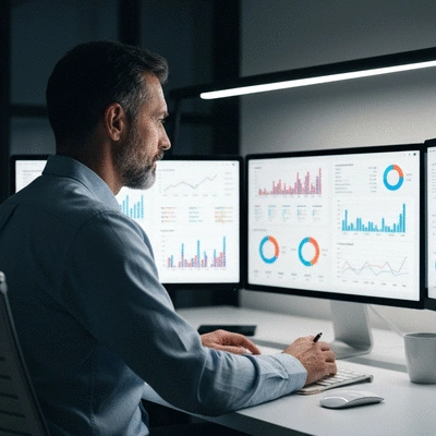 Person analyzing SEO data on multiple screens