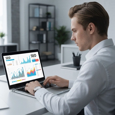 Personne utilisant un ordinateur portable avec des graphiques SEO affichés à l'écran, dans un environnement de bureau moderne