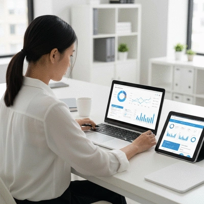 Person analyzing SEO performance data on a laptop and tablet with charts and graphs