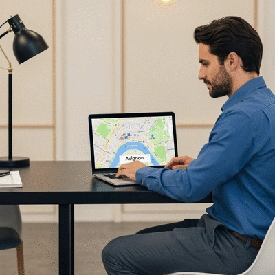 Personne utilisant un ordinateur portable pour le SEO local &agrave; Avignon