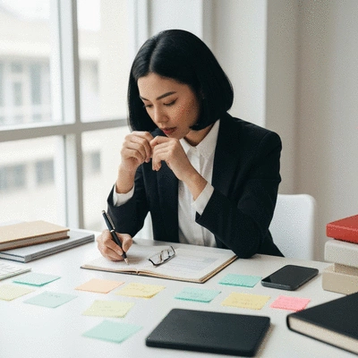 Personne travaillant sur une strat&eacute;gie de contenu avec des outils SEO
