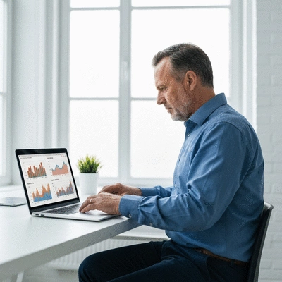 Personne travaillant sur un ordinateur portable, affichant des graphiques de SEO et de backlinks, avec un verre de café sur un bureau moderne.