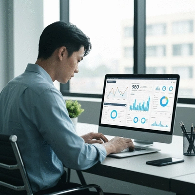 Personne travaillant sur un ordinateur portable avec des graphiques et des analyses de données SEO en arrière-plan, no text, no words, no typography