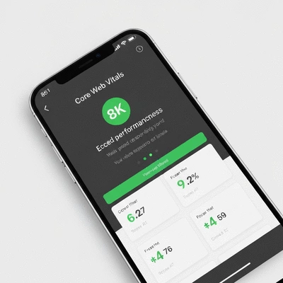 Mobile phone displaying a website with excellent Core Web Vitals scores, green indicators, clean image, no text, no words, no typography, 8K