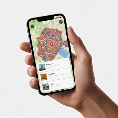 Hand holding a smartphone with Avignon map and local business pins, symbolizing local SEO