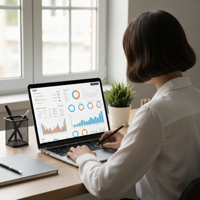 Person analyzing SEO data on a laptop, with charts and graphs, clean modern desk, no text, no words, no typography, 8K