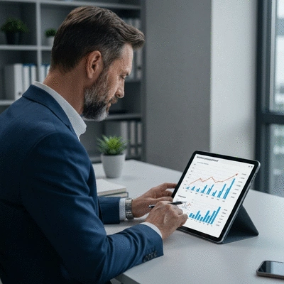 Personne analysant des graphiques de performance sur une tablette, montrant une croissance SEO, no text, no words, no typography