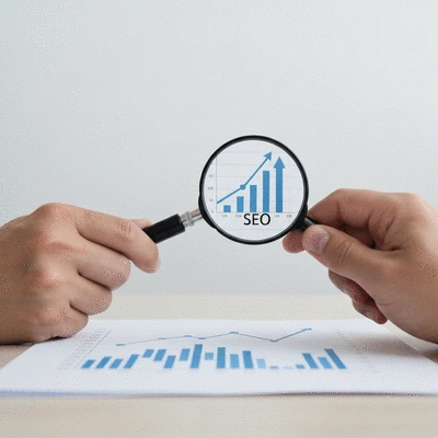 Mains tenant une loupe au-dessus d'un graphique SEO avec des flèches pointant vers le haut, symbolisant l'analyse et l'amélioration du référencement