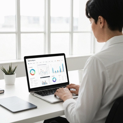 Person using a laptop with SEO analytics on screen, showing graphs and data