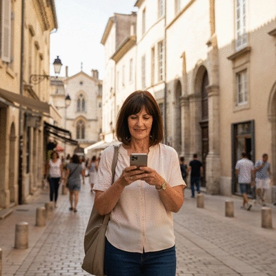 Personne utilisant un smartphone dans les rues pittoresques d'Avignon pour rechercher des services locaux