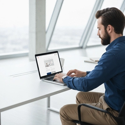 Person using a laptop to redesign a website, focusing on UX and SEO. Bright, modern office setting.