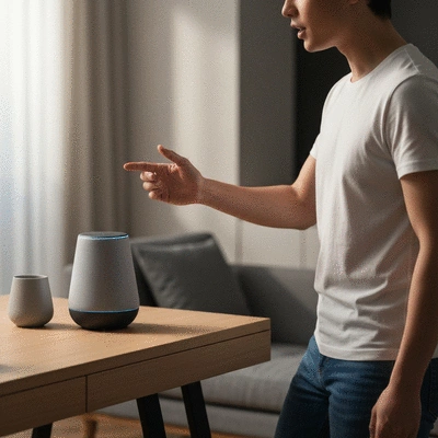 Person dictating a search query into a smart speaker