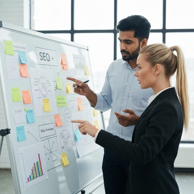 Deux personnes collaborant autour d'un tableau blanc avec des diagrammes et des notes sur le r&eacute;f&eacute;rencement