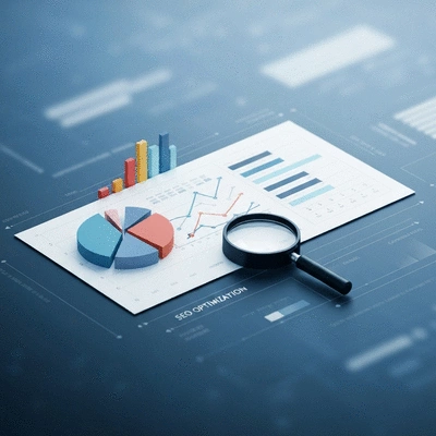 Abstract representation of data analysis and SEO optimization, with charts, graphs, and a magnifying glass, clean and modern design, no text, no words, no typography, clean image