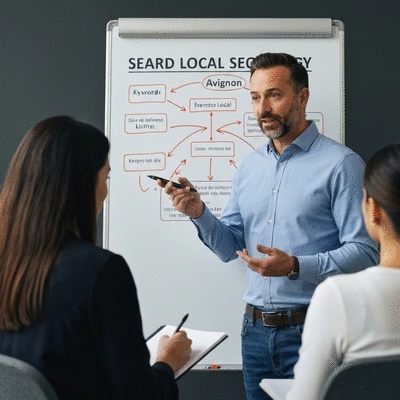Professionnel du SEO expliquant une stratégie de référencement local sur un tableau blanc à un client, avec des éléments visuels d'Avignon, no text, no words, no typography, 8K, clean image