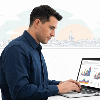 Webmaster spécialisé en SEO travaillant sur un ordinateur portable, avec des graphiques de référencement et une carte stylisée d'Avignon en arrière-plan, no text, no words, no typography, 8K, clean image