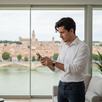 Person using a voice assistant on a smartphone in Avignon