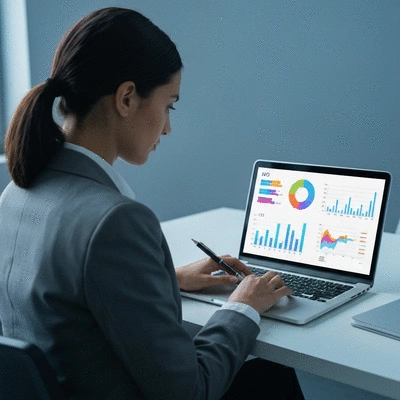 Person analyzing SEO data on a laptop with charts and graphs