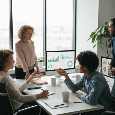 Professionals collaborating on a digital marketing strategy, showing charts and analytics on screens