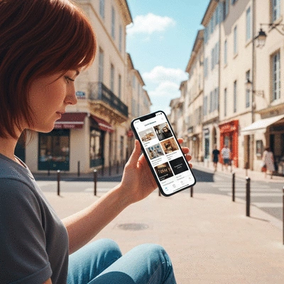 Person using a smartphone to search for local businesses in Avignon
