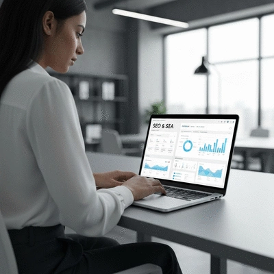 Person using a laptop with SEO and SEA analytics on screen