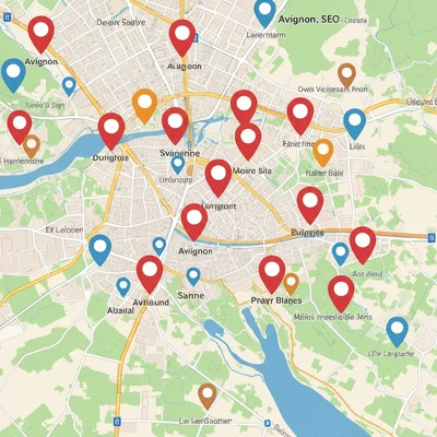 Carte stylisée d'Avignon avec des épingles de localisation, symbolisant le SEO local