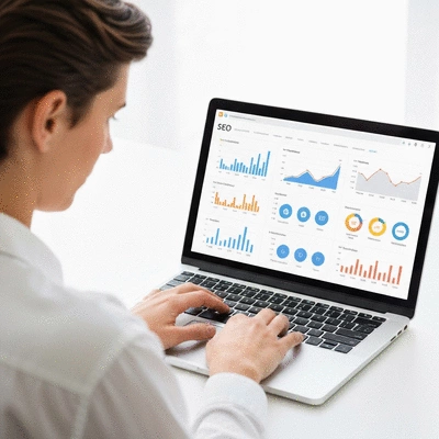 Person using a laptop to optimize a WordPress website, with SEO metrics on screen, clean image