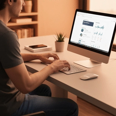Close-up of a person's hands typing on a keyboard, with SEO-related data on screen