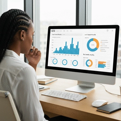 Person analyzing SEO data on a computer screen, showing local search results
