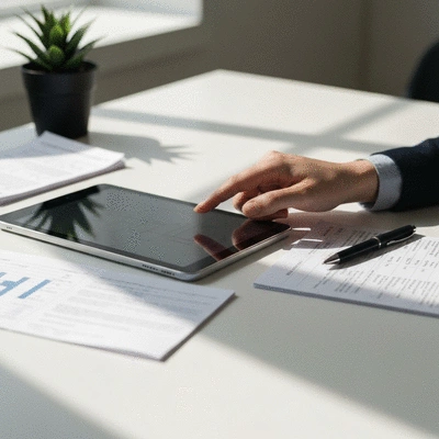 Une main planifiant une stratégie de contenu SEO sur une tablette