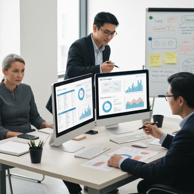 Professionals discussing SEO strategy in a modern office, showing collaboration and data analysis on screens