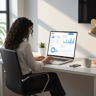 Person using a laptop to analyze SEO data on a dashboard