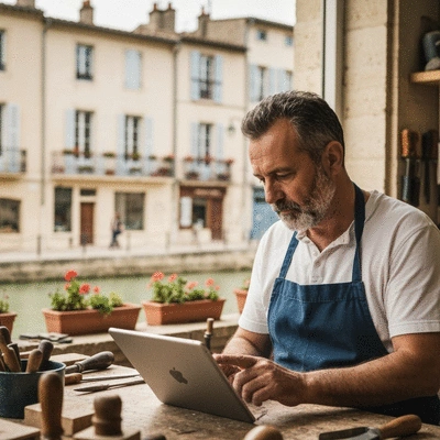 Artisan using a tablet to manage online presence in Avignon, France