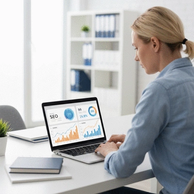 Personne travaillant sur un ordinateur portable affichant des graphiques SEO positifs