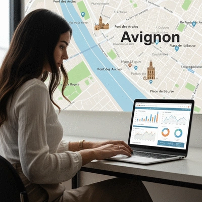 Person using a laptop to optimize a website for local SEO in Avignon, with a map of Avignon in the background, no text, no words, no typography, 8K