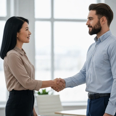 Professional handshake between a client and an SEO agency representative in a bright, modern office