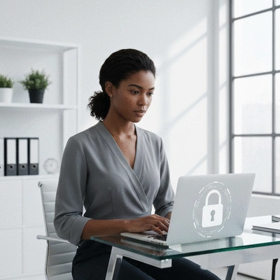 Personne utilisant un ordinateur portable avec un cadenas num&eacute;rique superpos&eacute;, symbolisant la cybers&eacute;curit&eacute;.