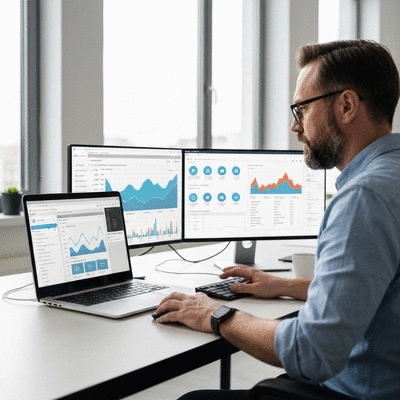 Webmaster working on a laptop, multiple screens, showing website development and analytics, no text, no words, no typography, no labels, clean image