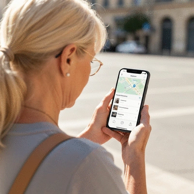 Person using a smartphone to search for local businesses in Avignon, with a map and business listings on screen