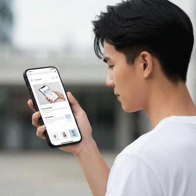 Person using a smartphone to browse a website with fast loading speed, illustrating mobile optimization and SEO benefits, clean image, no text, no words, no typography, 8K