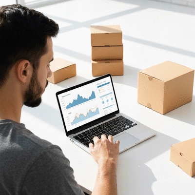 Person using a laptop with SEO analytics on screen, surrounded by e-commerce product boxes, no text, no words, no typography, clean image