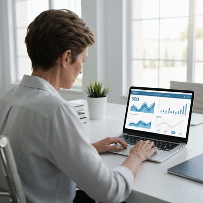 Personne travaillant sur un ordinateur portable avec des graphiques SEO affich&eacute;s, symbolisant l'am&eacute;lioration de la visibilit&eacute; en ligne pour les entreprises du Vaucluse