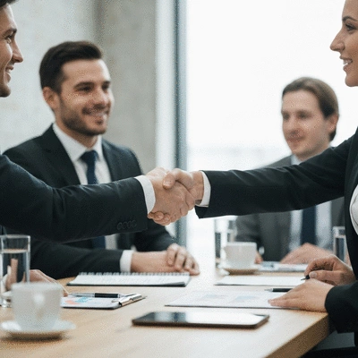 Two business owners shaking hands, symbolizing local networking and backlinking.