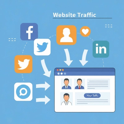 Illustration of social media shares leading to website traffic, no text, no words, no typography, clean image