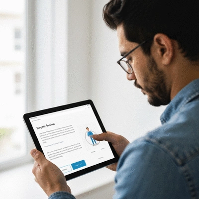 Person using a screen reader to navigate an accessible website on a tablet, with clear contrasts and intuitive design, no text, no words, no typography, 8K