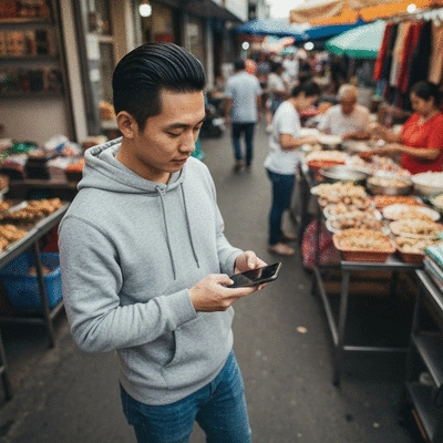 Person using smartphone to search for local businesses in Avignon, with map and business listings on screen