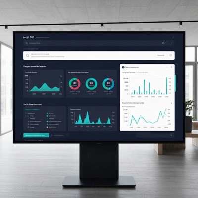 AI-powered analytics dashboard showing local SEO performance metrics for a business in Avignon